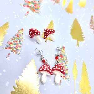 Set of 2 red mushroom polymer clay stud and dangle silver Totoro earrings